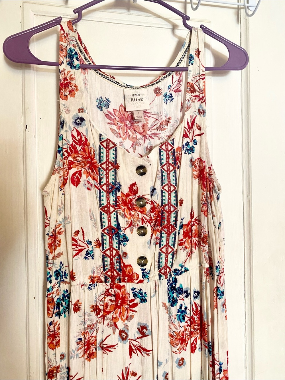 Knox Rose White Floral Button-Front Floor Length Dress - Red, White, Blue